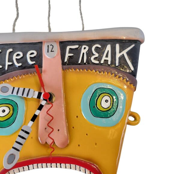 Rare Allen Designs Coffee Freak Wall Clock Studio Art Funky Mug Face 13x9" Works - Picture 14 of 16